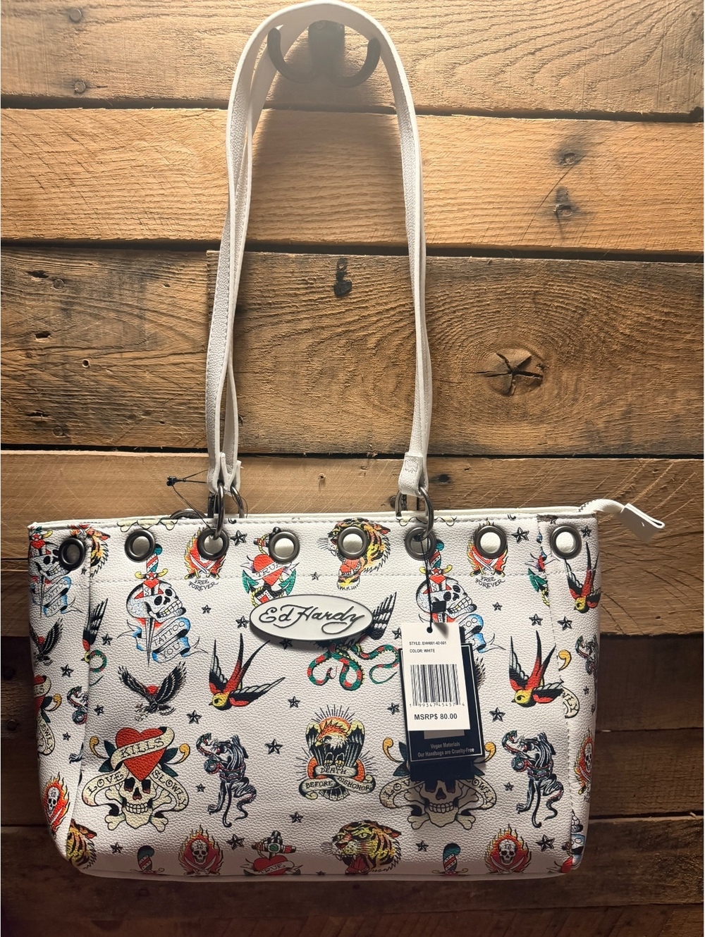Ed Hardy White Tattoo Skull Tiger Tote Shoulder Bag Purse NWT